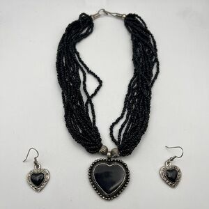 Vintage Multi-strand black beaded Necklace w/ Silver Heart Charm/Earrings Set